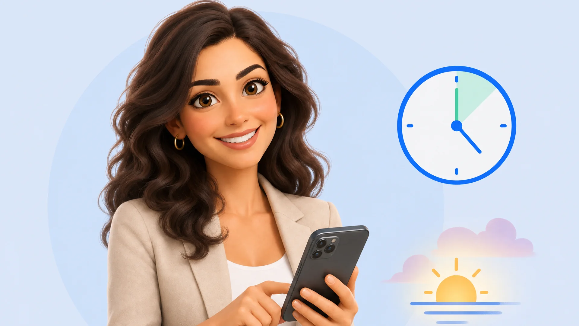 מתווכת מחייכת מצביעה על הטלפון שלה, לצד שעון וזריחה - השעה הנכונה לפרסם