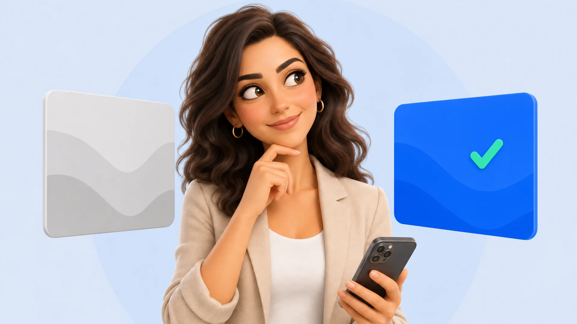 מתווכת מהורהרת בוחרת בין שני ריבועים מופשטים - אחד אפור ואחד כחול עם סימן-וי