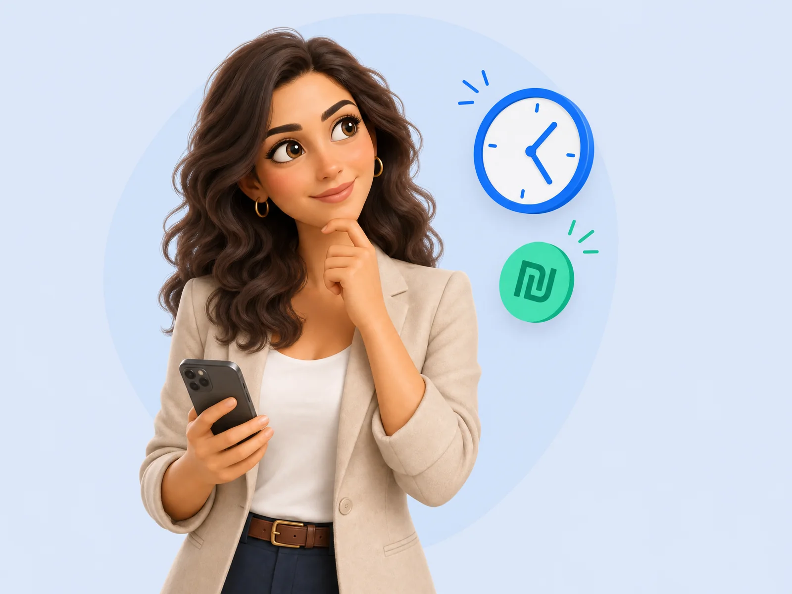 מתווכת מהורהרת עם טלפון, לצד שעון וסמל שקל - כמה זמן זה לוקח וכמה זה עולה